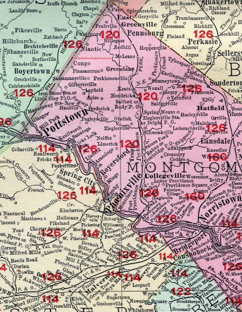 Western Montgomery County, Pennsylvania on an 1908 map by Rand McNally.