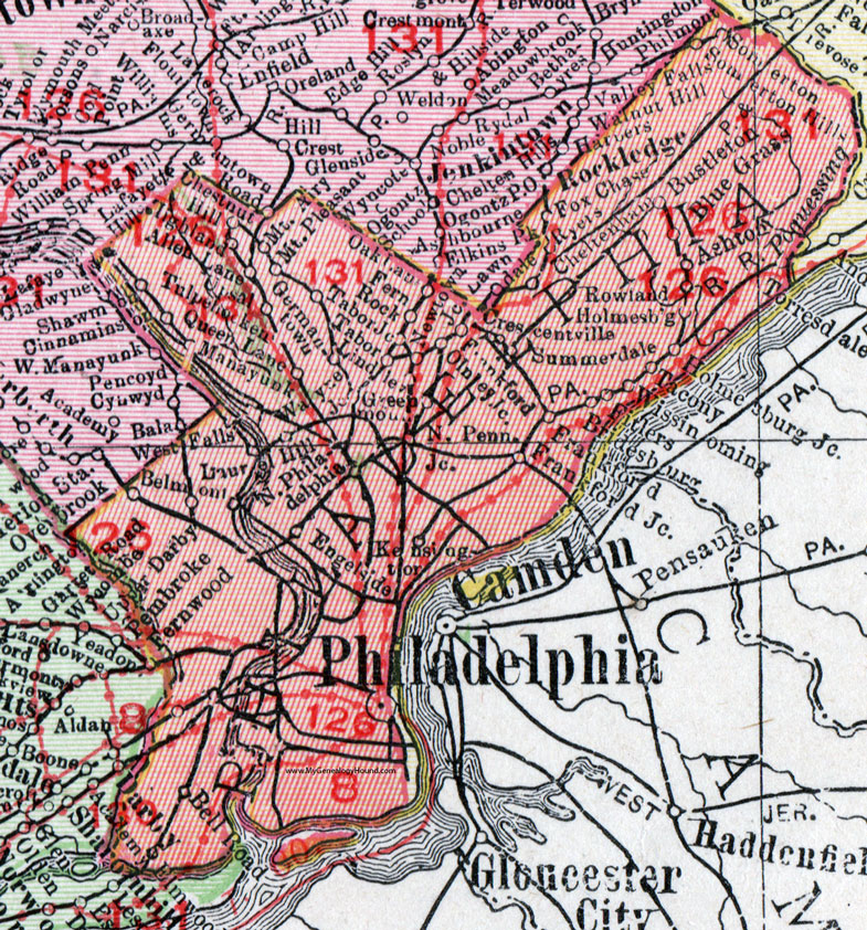 Philadelphia County, Pennsylvania 1911 Map by Rand McNally, Elmwood, Cheltenham, Holmesburg, Bridesburg, Wissinoming, Kensington, Frankford, Torresdale, Bustleton, Crescentville, Fox Chase, Somerton, PA