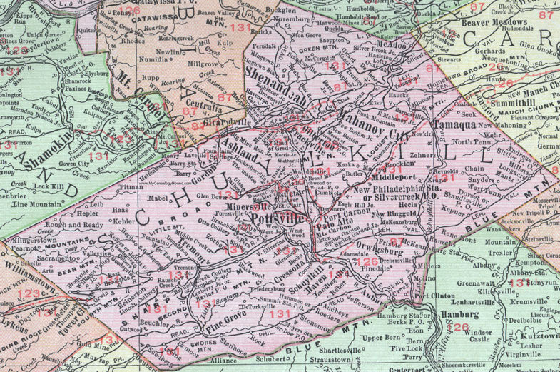 Schuylkill County, Pennsylvania 1911 Map by Rand McNally, Pottsville, Shenandoah, Mahoney City, Ashland, Tamaqua, Tremont, Pine Grove, Orwigsburg, Palo Alto, Port Carbon, Middleport, McAdoo, Frackville, Gilberton, Gordon, PA