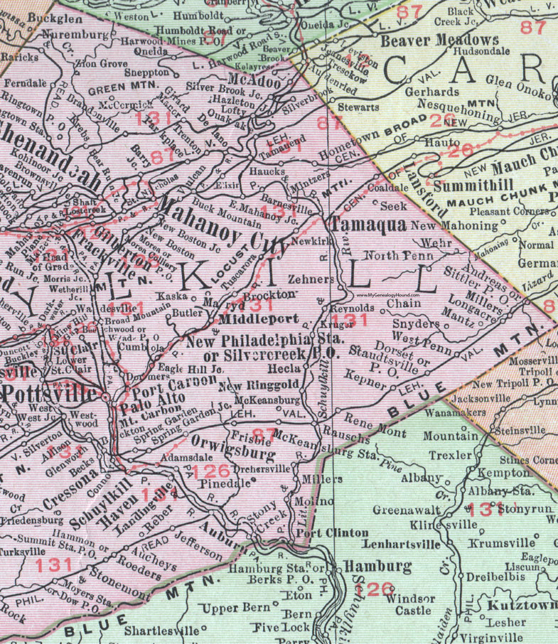 Eastern Schuylkill County, Pennsylvania on an 1911 map by Rand McNally.