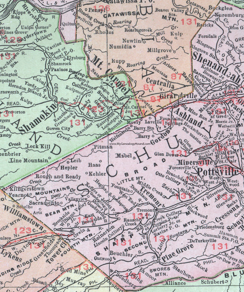 Western Schuylkill County, Pennsylvania on an 1911 map by Rand McNally.