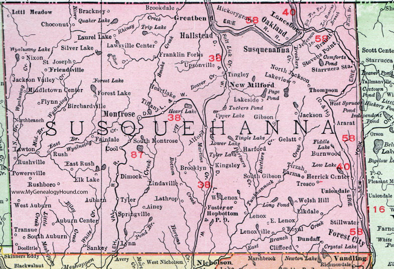 Susquehanna County, Pennsylvania 1911 Map by Rand McNally, Montrose, Forest City, Great Bend, Hallstead, Lanesboro, Oakland, Thompson, Lenoxville, Lawton, Rushville, Friendsville, Dimock, Springville, Clifford, PA