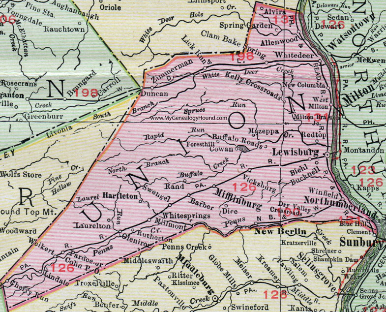 Union County, Pennsylvania 1911 Map by Rand McNally, Lewisburg, Mifflinburg, New Berlin, Winfield, Swengel, White Deer, New Columbia, West Milton, Hartleton, Millmont, Laurelton, Weikert, Lindale, PA