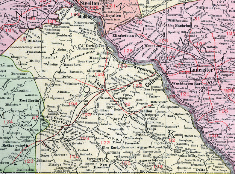 York County, Pennsylvania 1911 Map by Rand McNally, Hanover, Dillsburg, Stewartstown, Shrewsbury, New Freedom, Glen Rock, Dallastown, Red Lion, Hallam, Manchester, Delta, Spring Grove, Wellsville, Lewisberry, PA