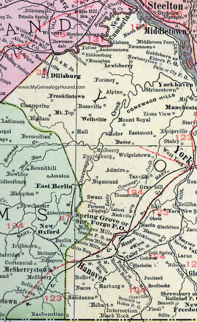 Western York County, Pennsylvania on an 1911 map by Rand McNally.