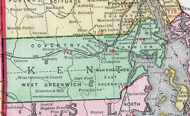 Kent County, Rhode Island, 1911, Map, Rand McNally, Warwick, East Greenwich, Norwood, Lakewood, Greenwood, Long Meadow, Cowesett, Apponaug, Washington, Natick, Phenix