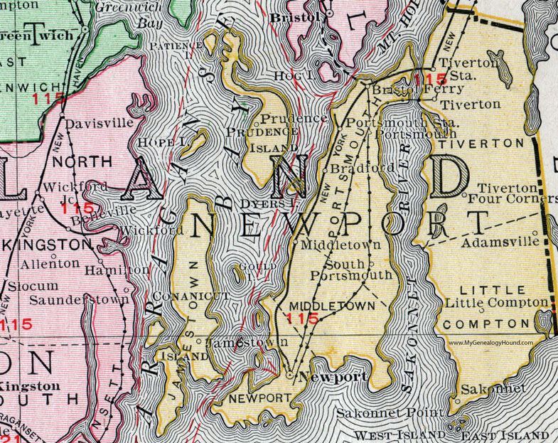 Newport County, Rhode Island, 1911, Map, Rand McNally, Portsmouth, Tiverton, Middletown, Little Compton, Adamsville, Jamestown, Bradford, Conanicut, Prudence, Sakonnet, Bristol Ferry