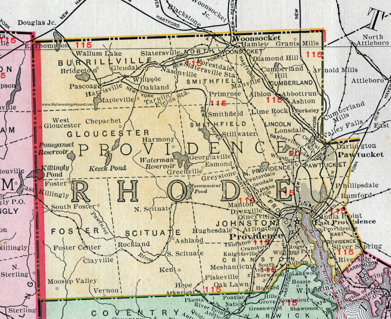 Providence County, Rhode Island, 1911, Map, Rand McNally, Woonsocket, Pawtucket, Cranston, East Providence, Rumford, Centerdale, Thorndale, Riverside, Hope, Fiskeville, North Scituate, Valley Falls