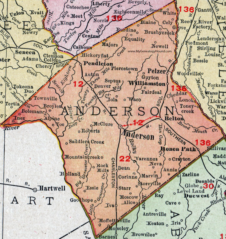 Anderson County, South Carolina, 1911, Map, Rand McNally, Williamston, Honea Path, Belton, Pendleton, Pelzer, Iva, Starr, Boleman, Rock Mills, Moffettsville, Septus, Newell, Crayton