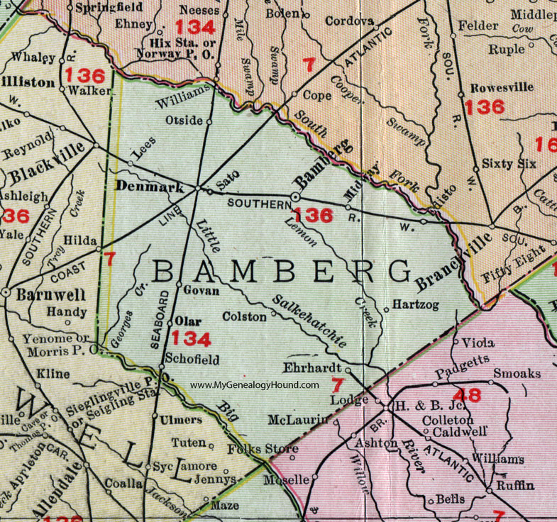 Bamberg County, South Carolina, 1911, Map, Rand McNally, Denmark, Ehrhardt, Olar, Govan, Midway, Otside, Sato, Colston, Schofield, Hartzog, Edisto, Lees