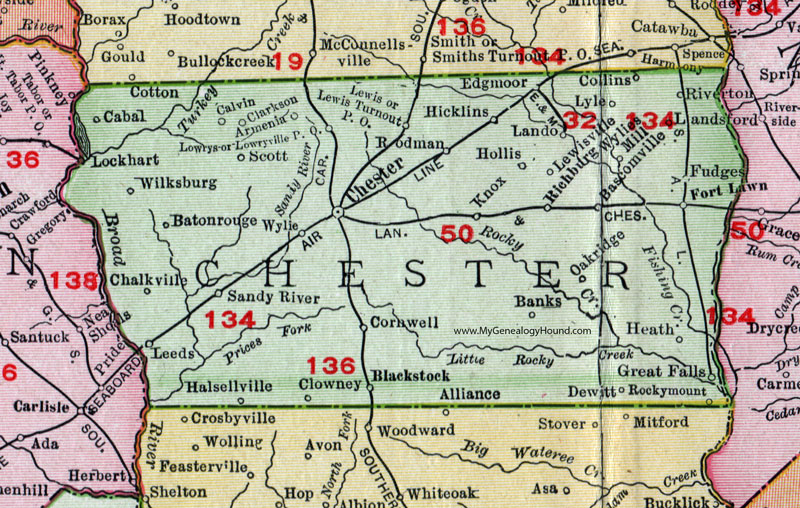 Chester County, South Carolina, 1911, Map, Rand McNally, Great Falls, Fort Lawn, Lando, Rodman, Blackstock, Edgemoor, Lewis, Leeds, Cornwell, Clowney, Landsford, Bascomville