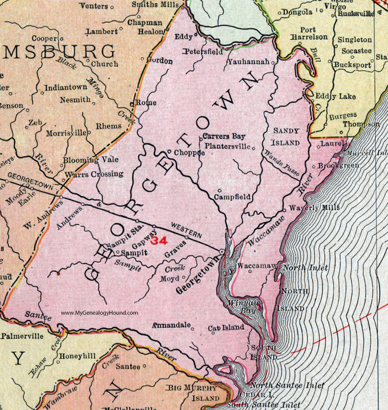 Georgetown County, South Carolina, 1911, Map, Rand McNally, Georgetown City, Murrells Inlet, Graves, Plantersville, Yauhannah, Waverly Mills
