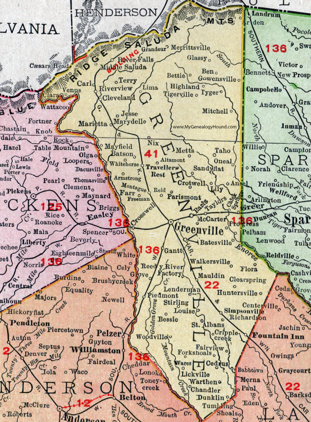 SC Greenville County South Carolina 1911 Map Rand McNally 