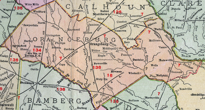 Orangeburg County, South Carolina, 1911, Map, Rand McNally, City of Orangeburg, Springfield, Elloree, Eutawville, Rowesville, Cope, Branchville, Holly Hill, Bowman