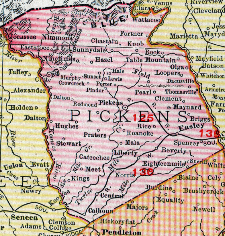 Pickens County, South Carolina, 1911, Map, Rand McNally, City of Pickens, Easley, Central, Norris, Liberty, Sunset, Praters