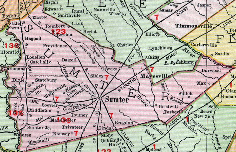 Sumter County, South Carolina, 1911, Map, Rand McNally, City of Sumter, Mayesville, Oswego, Shiloh, Rembert, Borden, Wedgefield
