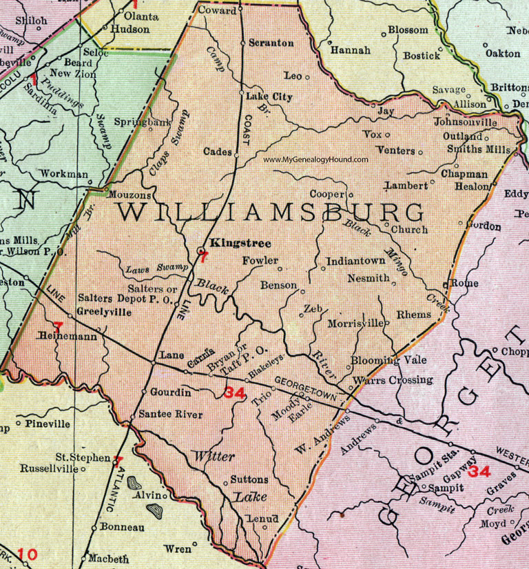 Williamsburg County, South Carolina, 1911, Map, Rand McNally, Kingstree, Lane, Salters, Greeleyville, Gourdin, Cades, Rhems