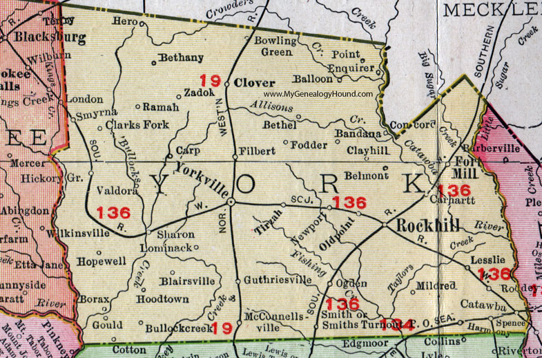 York County, South Carolina, 1911, Map, Rand McNally, City of York, Yorkville, Rock Hill, Ft. Mill, Sharon, McConnellsville, Lesslie, Catawba