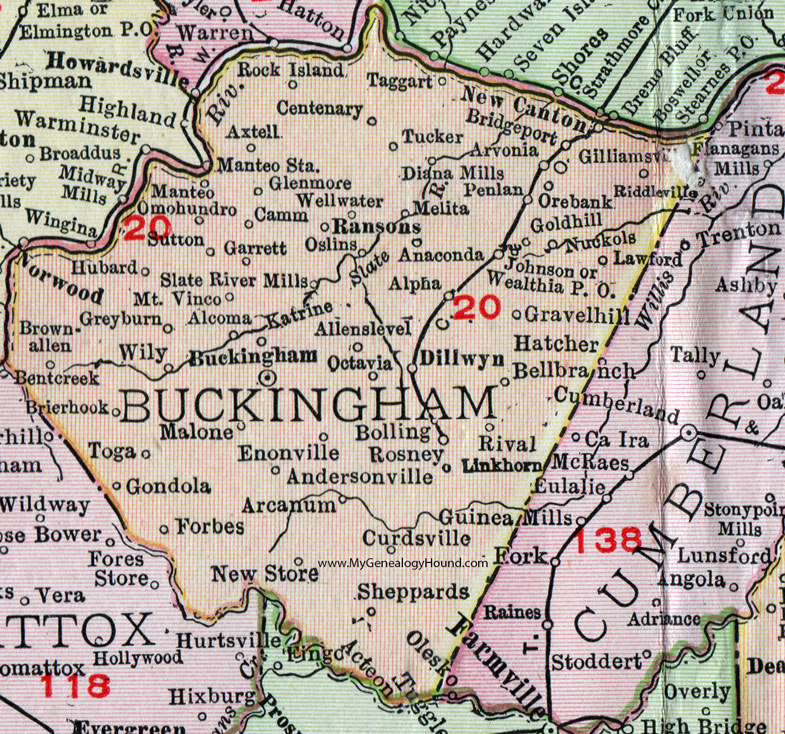 VA Buckingham County Virginia Map 1911 Rand McNally Dillwyn New Canton Arvonia 