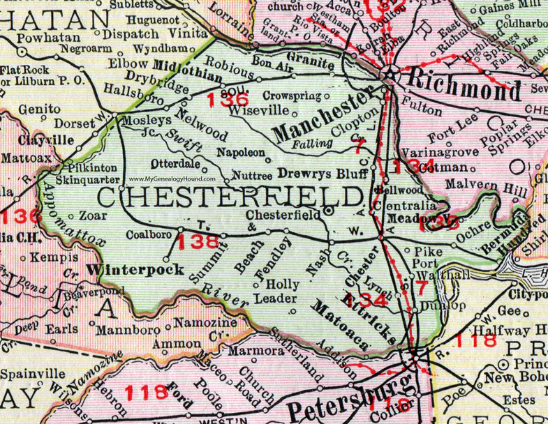VA Chesterfield County Virginia Map 1911 Rand McNally Manchester Bon Air Chester 