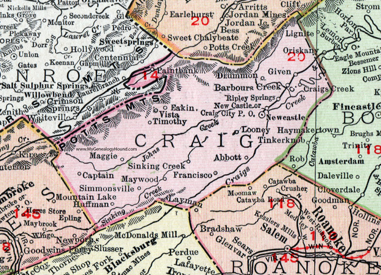 VA Craig County Virginia Map 1911 Rand McNally New Castle Huffman Simmonsville 