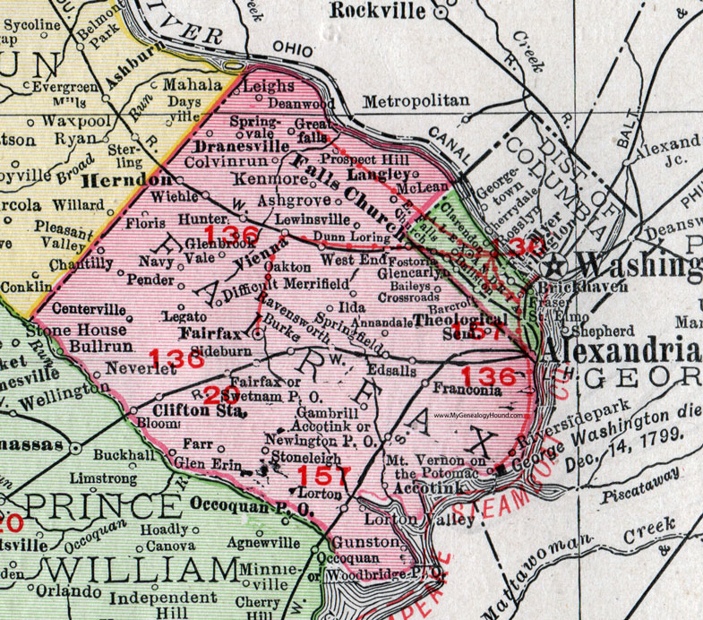 VA Fairfax County Virginia Map 1911 Rand McNally Falls Church Herndon Annandale 