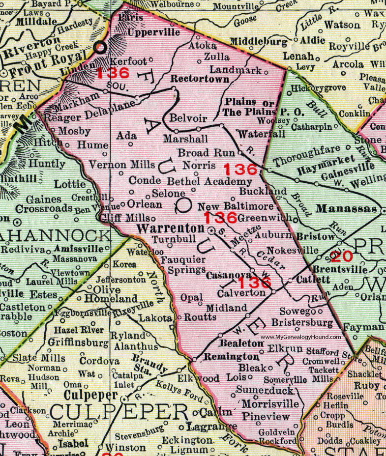 VA Fauquier County Virginia Map 1911 Rand McNally Warrenton Remington Marshall 