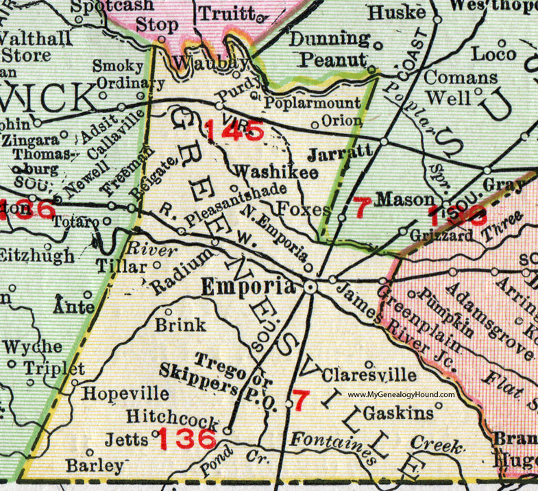 Greenesville County, Virginia, Map, 1911, Rand McNally, Emporia, Washikee, Hitchcock, Purdy, Waubay, Orion, Pleasant Shade, Radium, Brink, Trego, Hopeville, Jetts, Barley, Claresville, Gaskins, Skippers