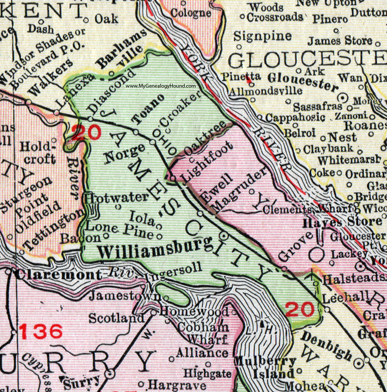 VA James City County Virginia Map 1911 Rand McNally Williamsburg Toano Jamestown 