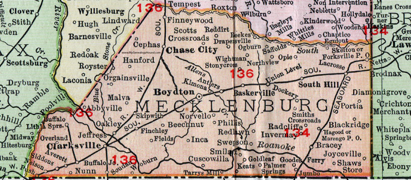 VA Mecklenburg County Virginia Map 1911 Rand McNally Boydton South Hill Chase City 