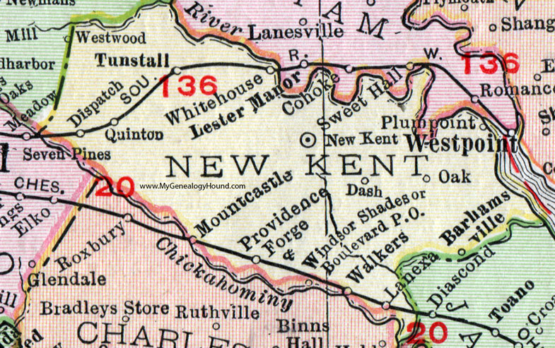 New Kent County, Virginia, Map, 1911, Rand McNally, Providence Forge, Barhamsville, Walkers, Mount Castle, Plum Point, Whitehouse, Quinton, Tunstall, Dispatch, Windsor Shades, Dash, Lanexa, Oak