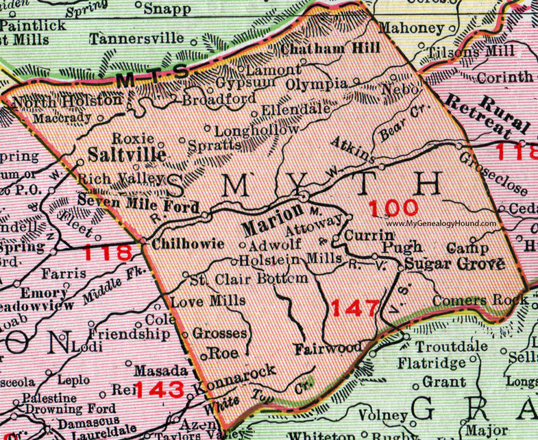 VA Smyth County Virginia Map 1911 Rand McNally Marion Saltville Chilhowie 