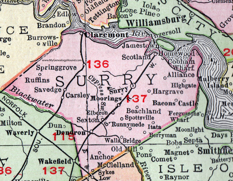 Surry County Va Map Surry County, Virginia, Map, 1911, Rand McNally, Claremont 