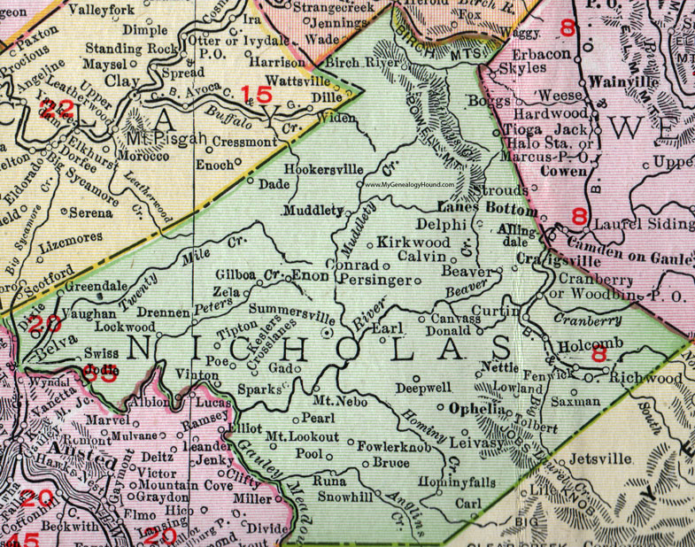 Nicholas County, West Virginia 1911 Map by Rand McNally, Summersville, Richwood, Craigsville, Tioga, Calvin, Birch River, Dixie, Drennen, Swiss, Belva, Poe, Gilboa, Zela, Mt. Nebo, Fenwick, Nettie, Leivasy, WV