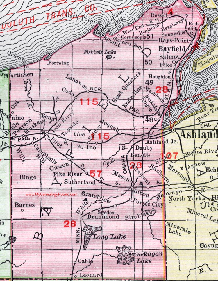 Bayfield County, Wisconsin, map, 1912, Washburn, Bayfield City,  Barksdale, Moquah, Cornucopia, Port Wing, Red Cliff, Iron River, Mason, Drummond, Grand View, Benoit, Cable, Muskeg