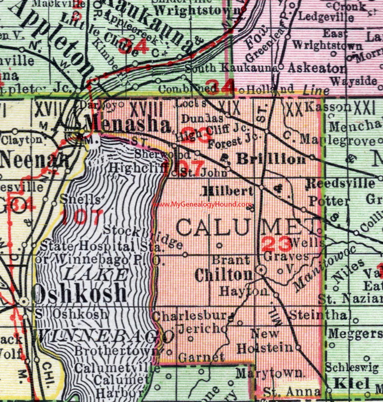 Calumet County, Wisconsin, map, 1912, Chilton, Brillion, Hilbert, Sherwood, Potter, Stockbridge, Brothertown, New Holstein, Hayton, Potter, St. John, Dundas, Brant, Gravesville