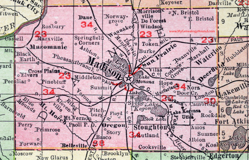 Dane County, Wisconsin, map, 1912, Madison, Waunakee, Verona, Mt. Horeb, Cross Plains, DeForest, Windsor, Stoughton, Sun Prairie, Marshall, McFarland, Cambridge, Deerfield, Middleton