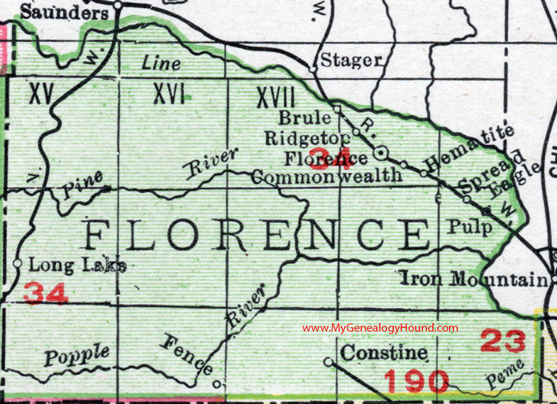 Florence County, Wisconsin, map, 1912, Florence City, Spread Eagle, Hematite, Fence, Constine, Brule, Pulp, Commonwealth, Ridgetop, Long Lake