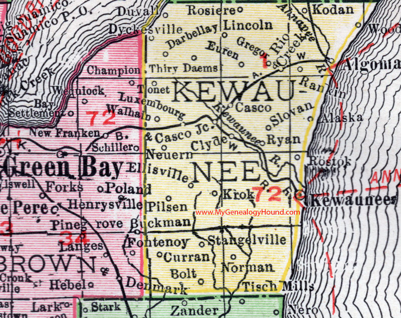 Kewaunee County, Wisconsin, map, 1912, Kewaunee City, Algoma, Luxemburg, Casco, Rio Creek, Tonet, Euren, Pilsen, Krok, Curran, Kodan, Rosiere, Lincoln, Rankin, Darbellay
