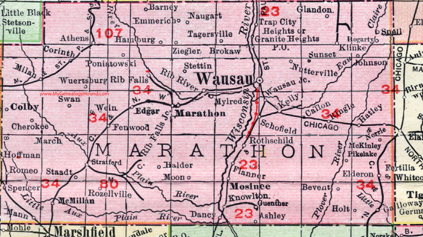 Marathon County Wisconsin map 1912 Wausau Mosinee Rothschild