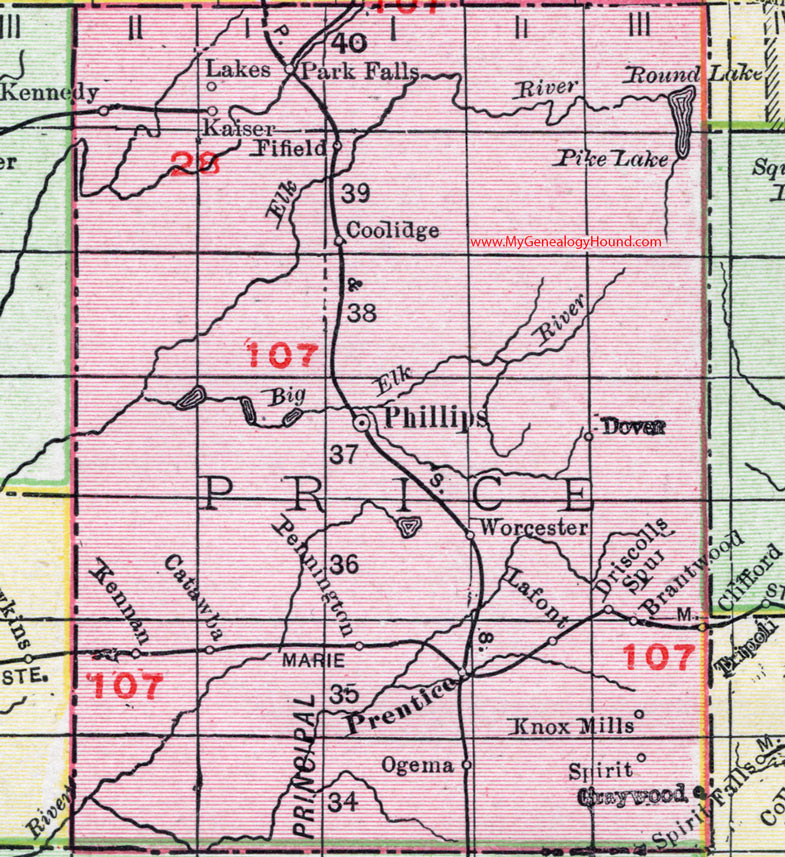 Price County, Wisconsin, map, 1912, Phillips, Prentice, Park Falls, Catawba, Kennan, Fifield, Brantwood, Ogema, Knox Mills, Dover, Pennington, Coolidge, Kennedy, Kaiser