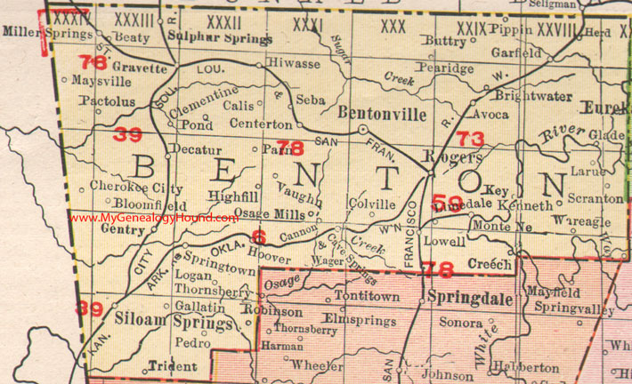 Benton County, Arkansas 1909 Map Bentonville, Rogers, Sulphur Springs, Gravette, Siloam Springs, Monte Ne, War Eagle, Pea Ridge, Osage Mills, Hiwasse, AR