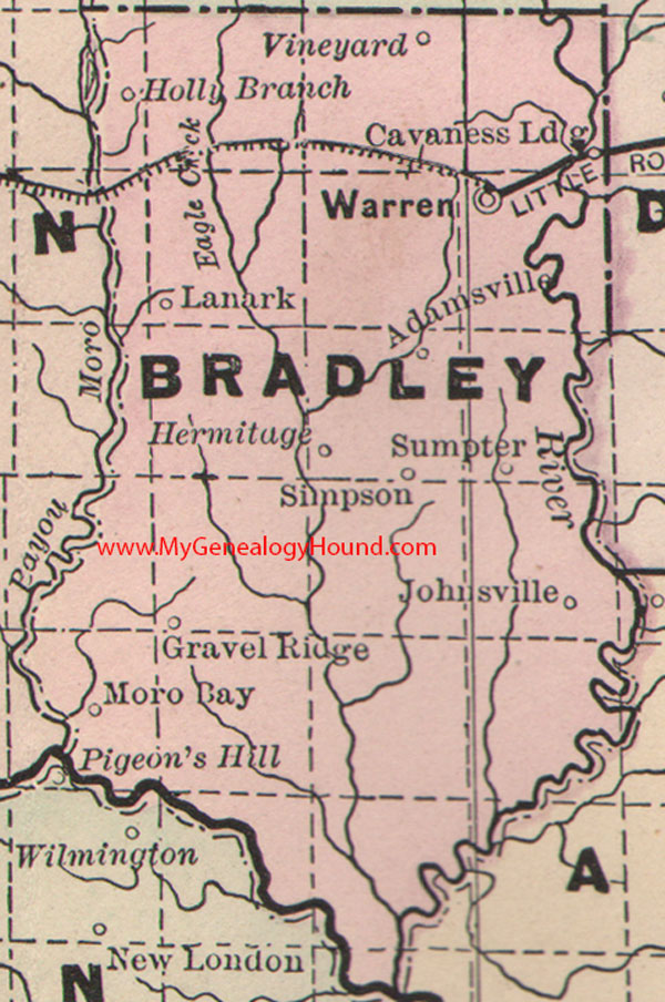 Bradley County, Arkansas Map 1889 Warren, Hermitage, Moro Bay, Lanark, Simpson, Sumpter, Johnsville, AR