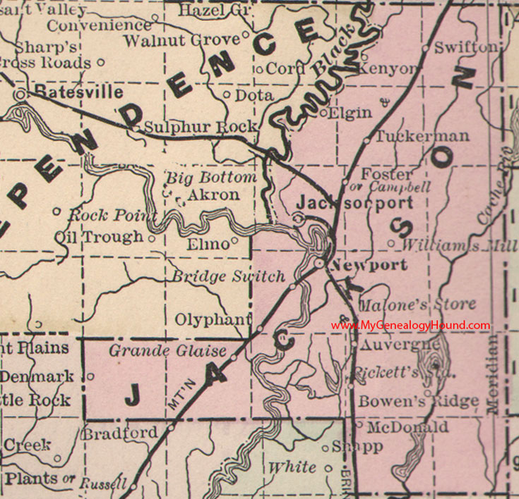 Jackson County, Arkansas Map 1889 Newport, Jacksonport, Tuckerman, Swifton, Auvergne, Kenyon, Elgin, Foster, AR