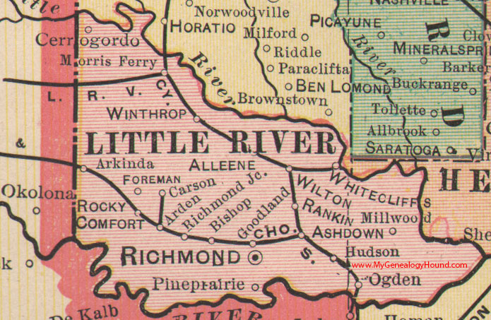Little River County, Arkansas 1898 Map Richmond, Ashdown, Winthrop, Wilton, Alleene, AR
