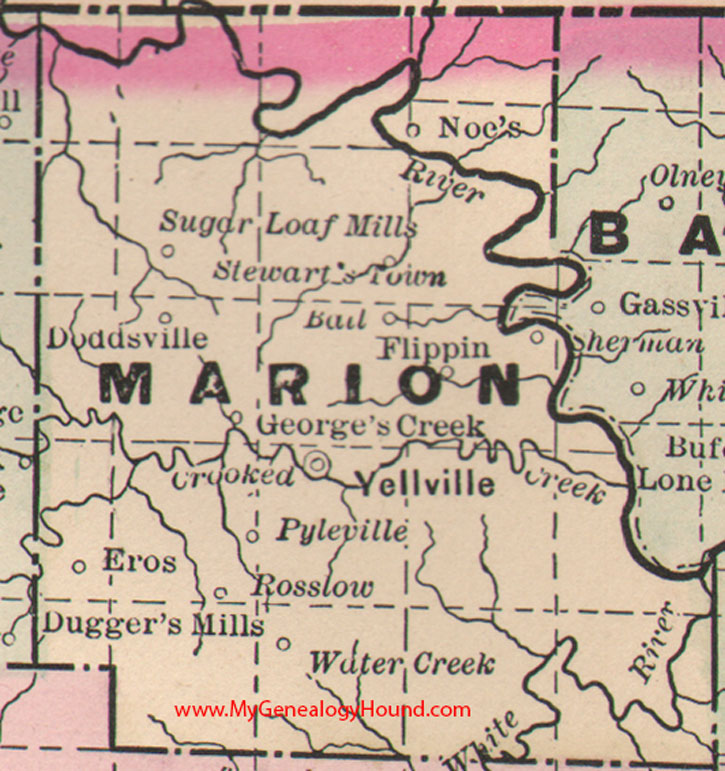 Marion County, Arkansas Map 1889 Yellville, Flippin, Pyleville, Eros, Rosslow, Dugger's Mills, Sherman, AR 