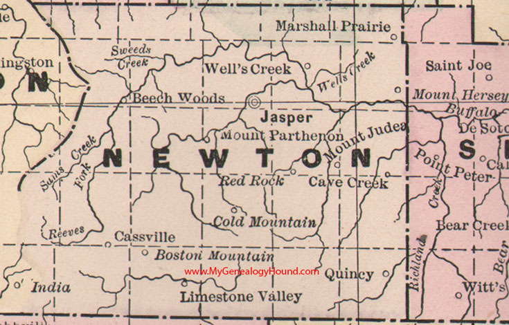 Newton Counton, Arkansas Map 1889 Jasper, Marshall Prairie, Boston Mountain, Mount Parthenon, Quincy, Cassville, Red Rock, Cold Mountain, AR 