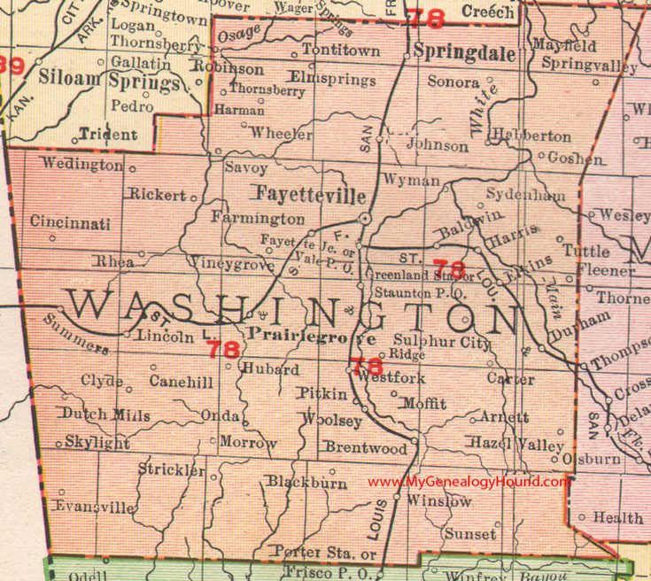 Washington County arkansas Map 1909 Fayetteville, Springdale, Prairie Grove, Lincoln, Farmington, Tontitown, Johnson, Elm Springs, Goshen, Elkins, Winslow, AR 