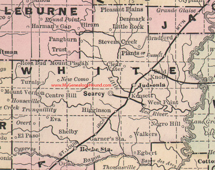 White County, Arkansas Map 1889 Searcy, Judsonia, Beebe Station, Shelby, Egbert, Higginson, Pangburn, Tranquility, AR