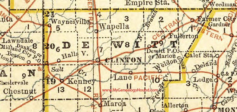 Dewitt County, Illinois 1881 Map, Clinton, Farmer City, Gardner, Hallsville, Kenney, Lane, Marion, Maroa, Wapella, Waynesville, Weldon
